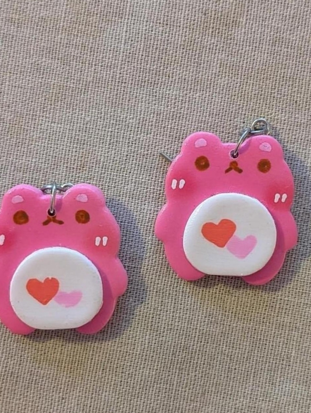 Kawaii Pink Handmade Cutesy Bear Care Bear Clay Heart Earrings Harajuku